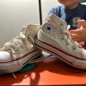 Converse Cream High-Tops with Red and Blue Accents